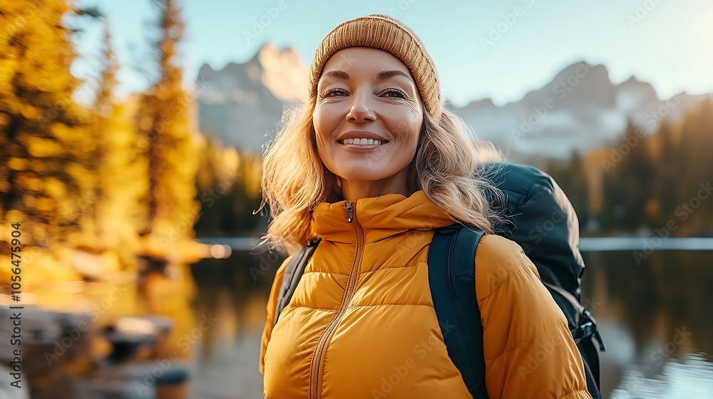 Smiling Woman in Outdoor Gear Enjoying Peaceful Mountain Lake View : Generative AI