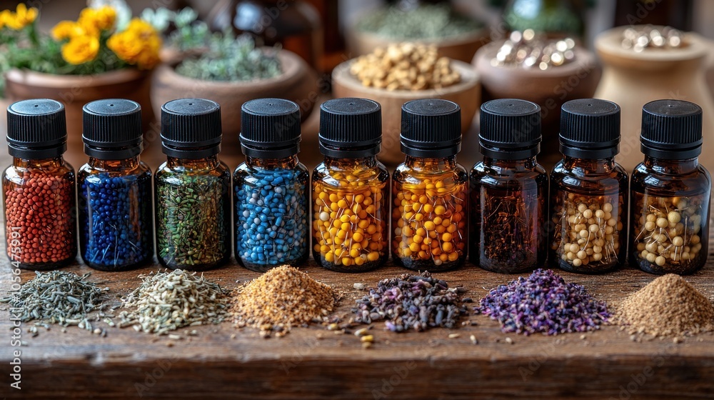 A display of colorful spice jars and natural ingredients. A display of colorful spice jars and natural ingredients.