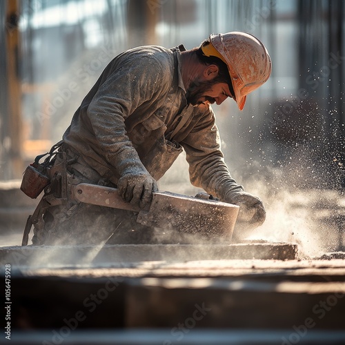 Construction Worker Grinding Concrete With Dust Flying   Hard Labor  Heavy Industry  Const photo