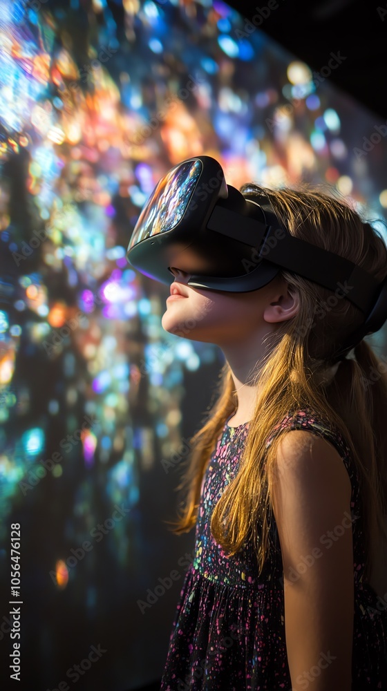 A young girl wearing a VR headset looks up at a colorful, abstract projection. A young girl wearing a VR headset looks up at a colorful, abstract projection.