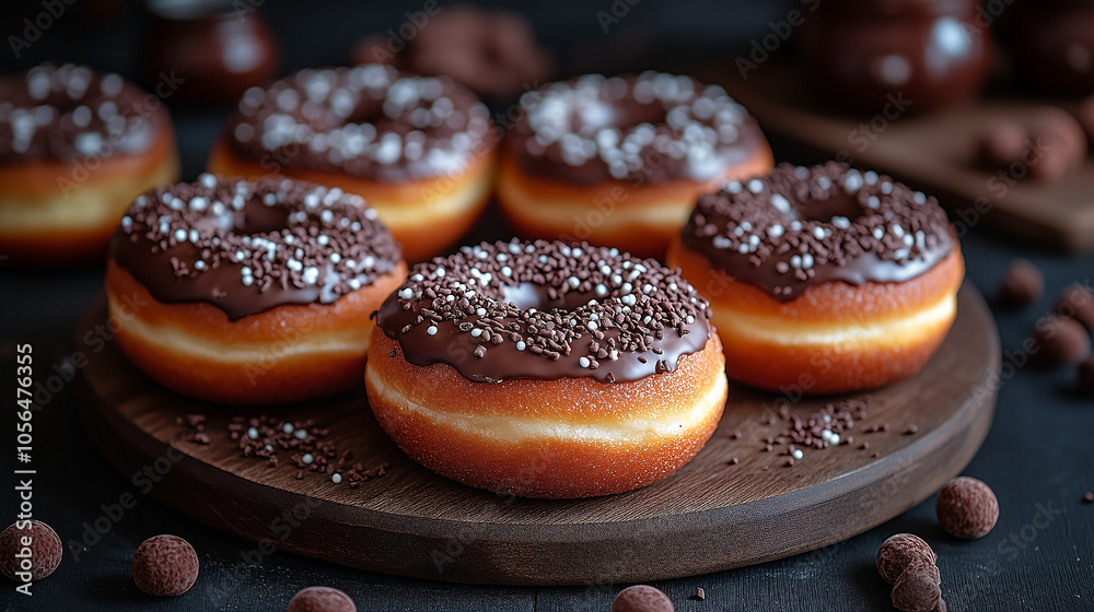 Delicious Chocolate Glazed Donuts with Sprinkles on a Wooden Plate Delicious Chocolate Glazed Donuts with Sprinkles on a Wooden Plate