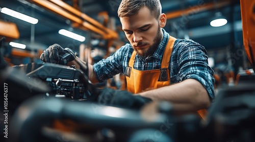 Meticulous Mechanic in Orange Apron Operating Complex Machines in Industrial Workshop : Generative AI