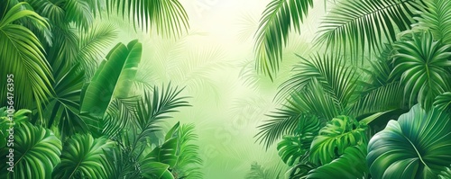 Lush green tropical foliage with dense leaves and a misty background.