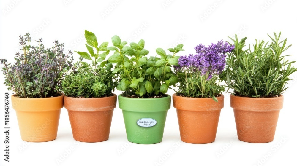A row of potted herbs including thyme, basil, lavender, and rosemary for culinary use. A row of potted herbs including thyme, basil, lavender, and rosemary for culinary use.