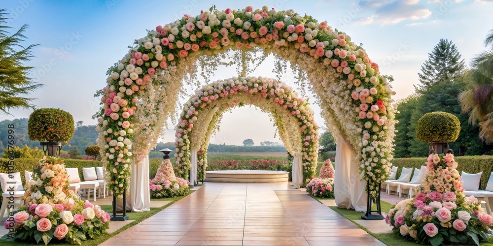 Fototapeta premium Double Floral Archway Wedding Ceremony - Romantic Outdoor Setting with Pink and White Blooms