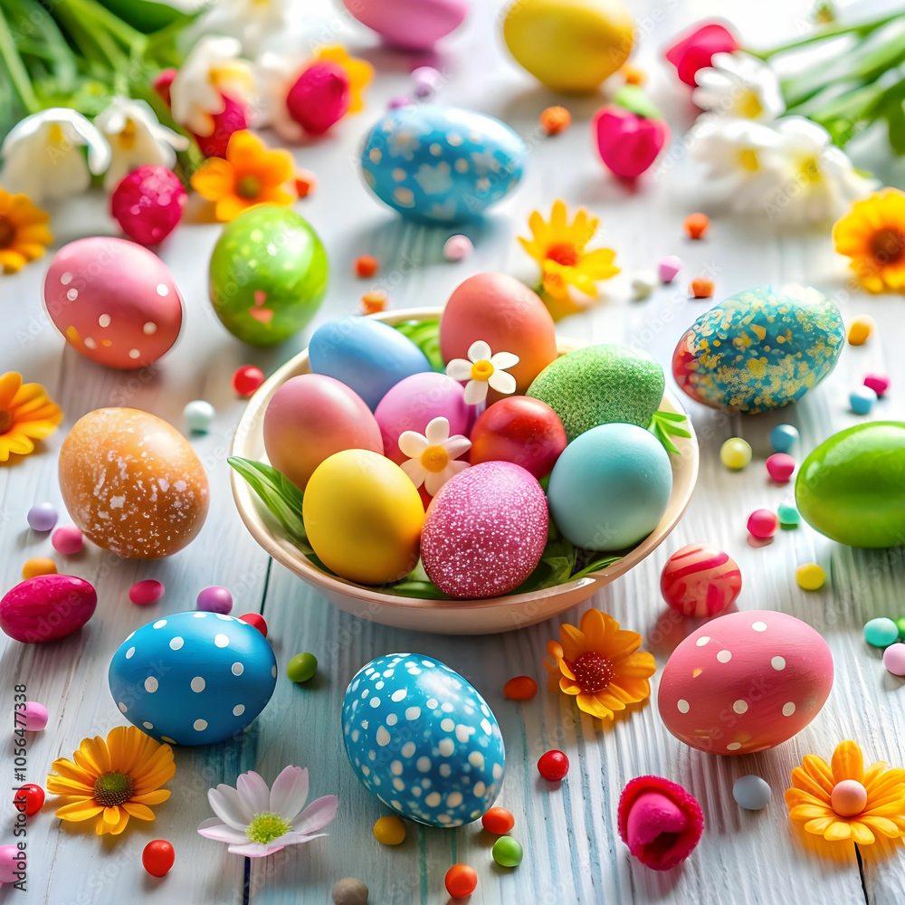 Fototapeta premium easter eggs with candies and flowers scattered