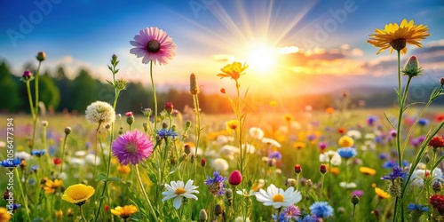 Blooming wildflowers in a meadow, vibrant colors, gentle breeze, and warm sun, outdoors, meadow, landscape, nature, flowers