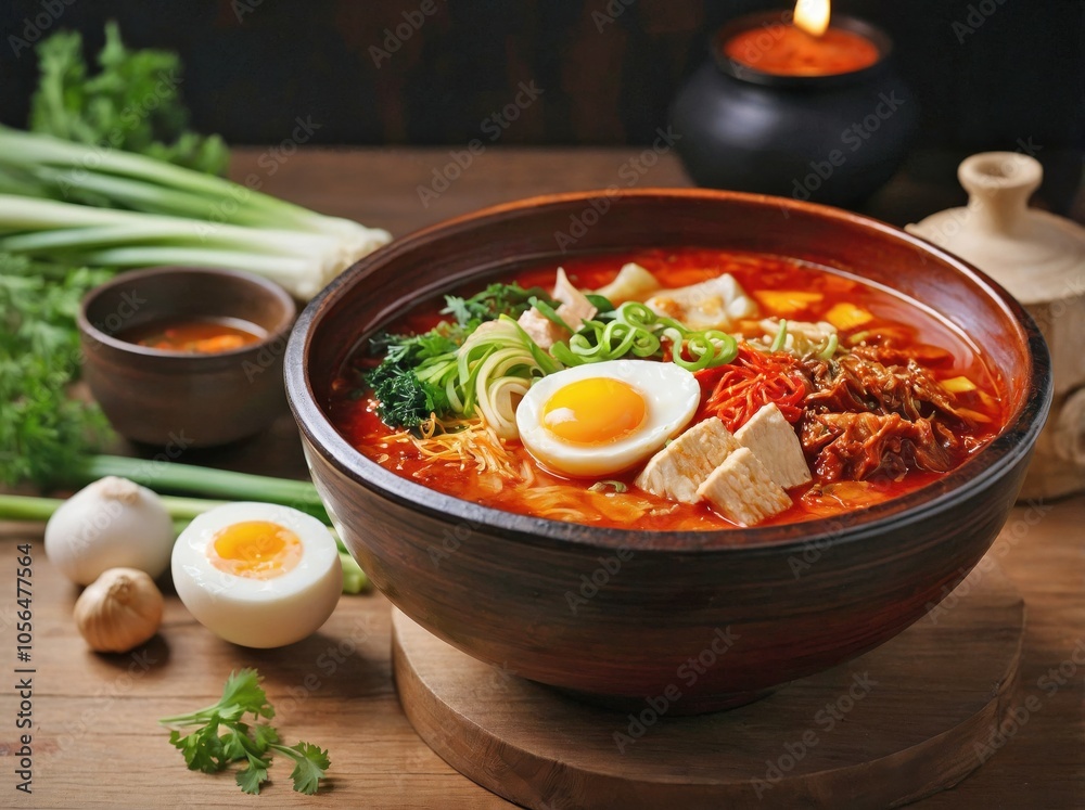 Sundubu Jjigae with Garnishes on Wooden Surface