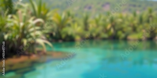 Blurred image of tranquil natural background featuring water and lush vegetation, soft focus, tranquil, peacefulness