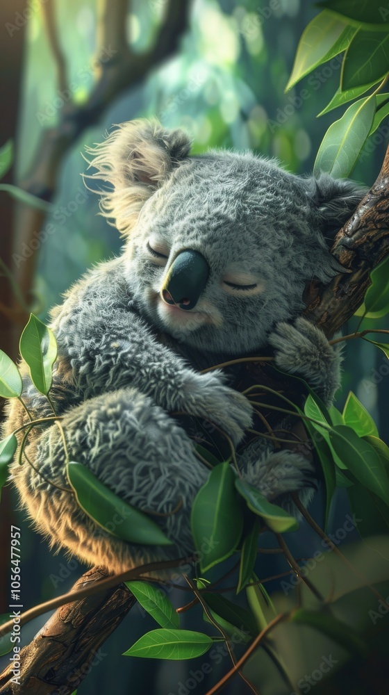 Fototapeta premium A cute koala peacefully sleeping on a tree branch, enveloped by vibrant green leaves in a tranquil forest environment.