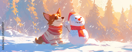 cheerful dog wearing holiday sweater sits beside snowman in snowy landscape, surrounded by trees. warm sunlight creates joyful winter scene
