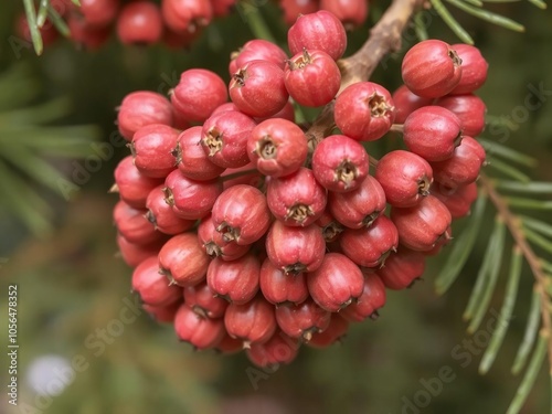 Close-up of a cluster of ripe cypress berries on a Platycladus orientalis tree branch, berries, plant, autumn photo