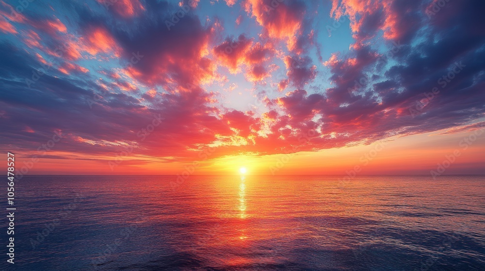 Vibrant sunset over calm ocean waters, showcasing nature's beauty.