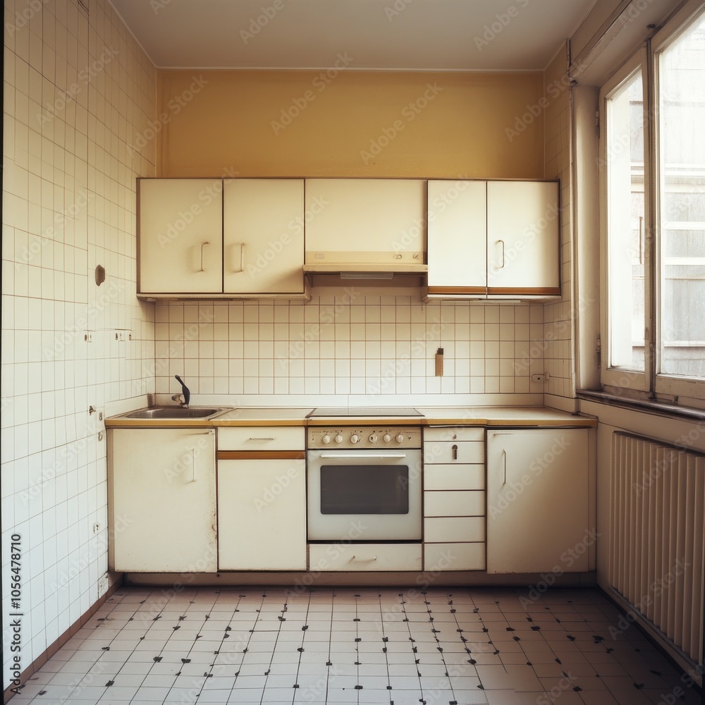 Fototapeta premium A retro kitchen featuring white cabinets, tiled walls, and a large window allowing natural light to fill the space.