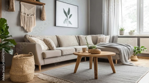 A cozy living room with grey walls and a beige sectional sofa, paired with a neutral-toned grey rug