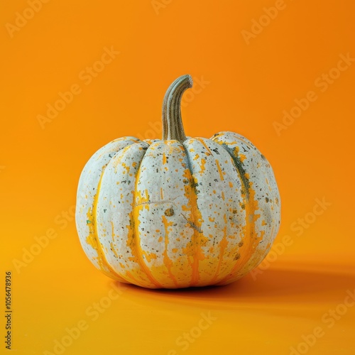 Composition of a decorative pumpkin on a vibrant orange background. Quality image photo