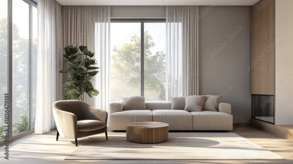 A cozy minimalist living room featuring soft grey walls, a beige velvet armchair, and a light grey sectional sofa A cozy minimalist living room featuring soft grey walls, a beige velvet armchair, and a light grey sectional sofa
