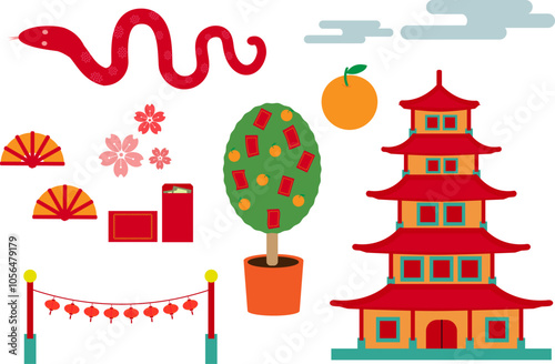 Set of Lunar Chinese New Year Decoration Element. Pagoda, Orange, Plant, Lucky Charm, Snake, Money in Envelope, Lampion, Lighting, Street Light, Cherry Blossom Flower, Cloud