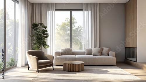 A cozy minimalist living room featuring soft grey walls, a beige velvet armchair, and a light grey sectional sofa