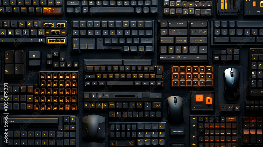 Black Keyboards and Mice with Orange Backlighting Illustration Black Keyboards and Mice with Orange Backlighting Illustration