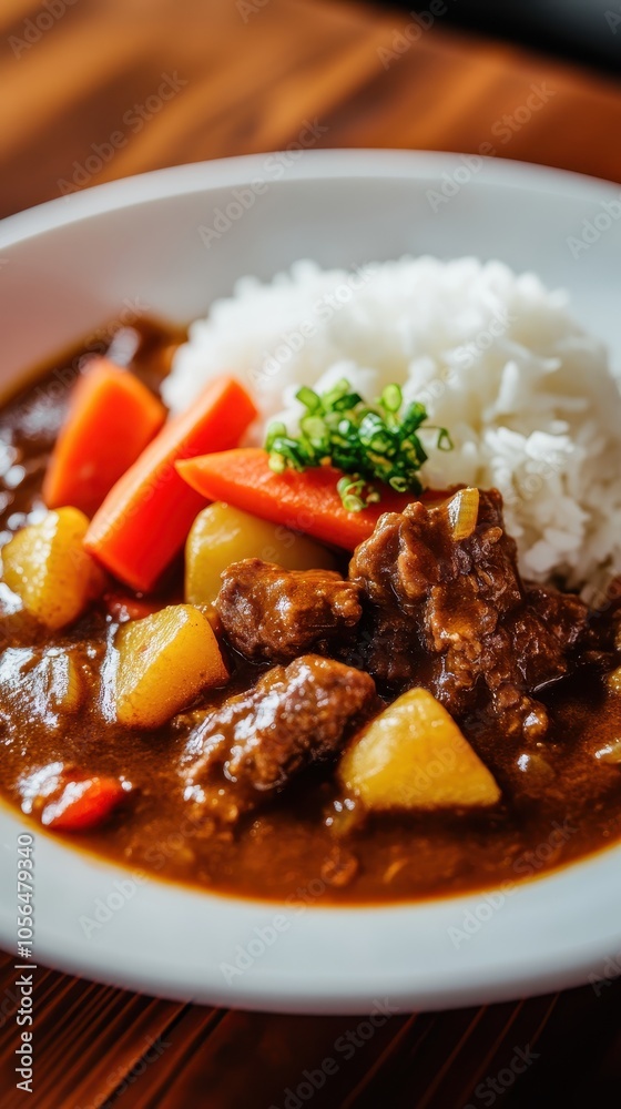 beef curry with rice - japanese food style on wooden background beef curry with rice - japanese food style on wooden background