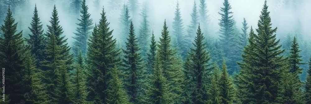 Fototapeta premium A serene forest landscape shrouded in mist, showcasing tall evergreen trees.