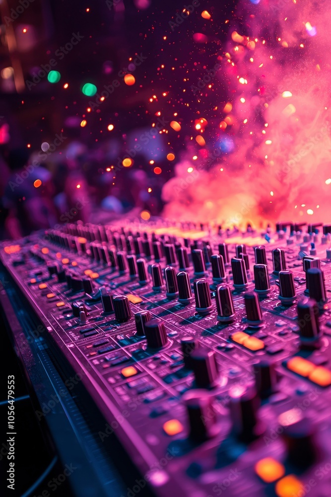 Fototapeta premium Close-up of a Soundboard with Pink and Orange Lights