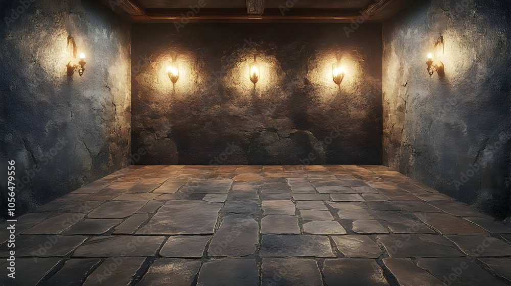 Dark Room with Stone Floor and Sconces - 3D Illustration Dark Room with Stone Floor and Sconces - 3D Illustration