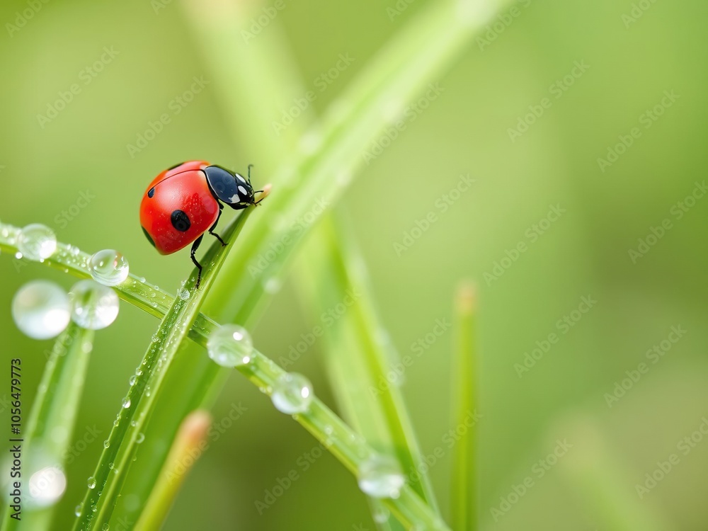 Close-up photo of a ladybird perched on fresh morning dew-covered grass blades, dew drops, wildlife Close-up photo of a ladybird perched on fresh morning dew-covered grass blades, dew drops, wildlife