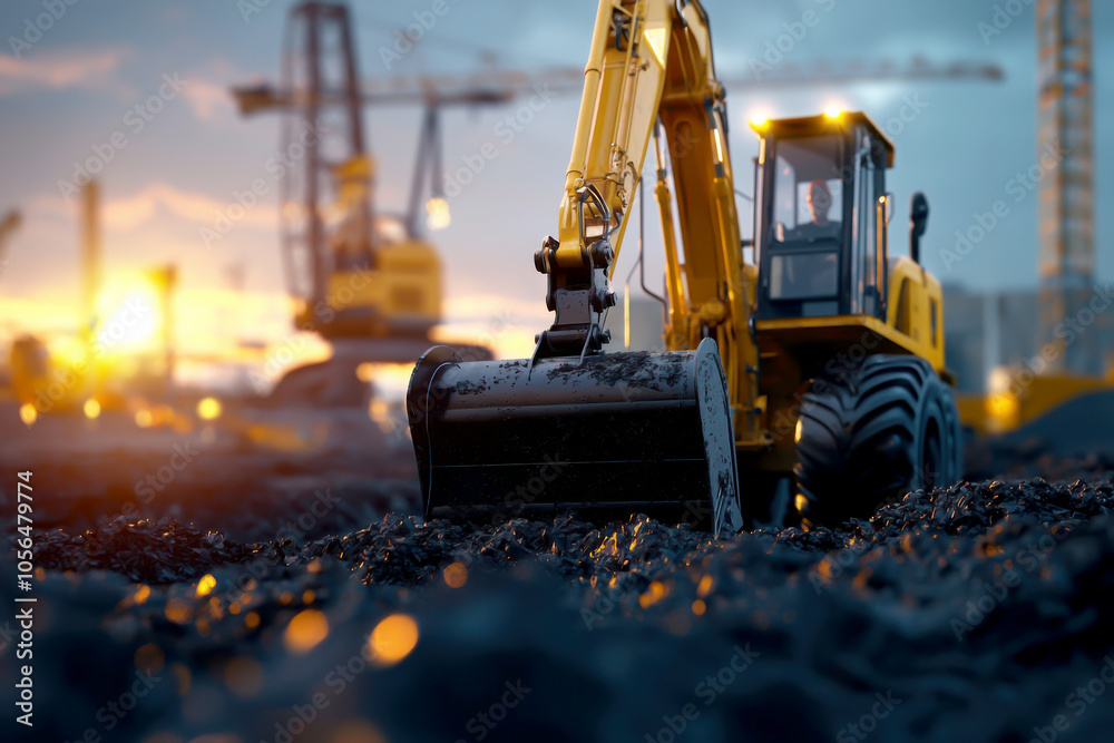 A close-up of a yellow excavator working on a construction site during sunset. Heavy machinery in action, showcasing power and precision. A close-up of a yellow excavator working on a construction site during sunset. Heavy machinery in action, showcasing power and precision.