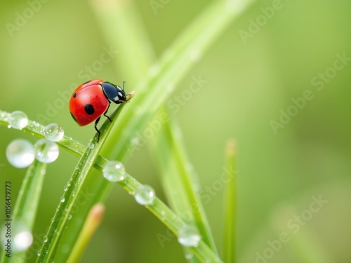 Close-up photo of a ladybird perched on fresh morning dew-covered grass blades, dew drops, wildlife