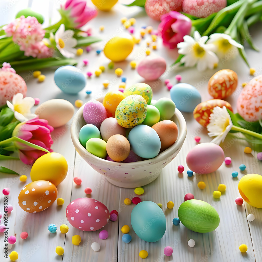 easter eggs with candies and flowers scattered easter eggs with candies and flowers scattered