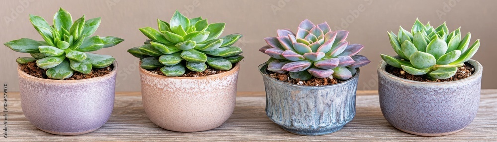 A collection of four potted succulents in decorative pots on a wooden surface. A collection of four potted succulents in decorative pots on a wooden surface.