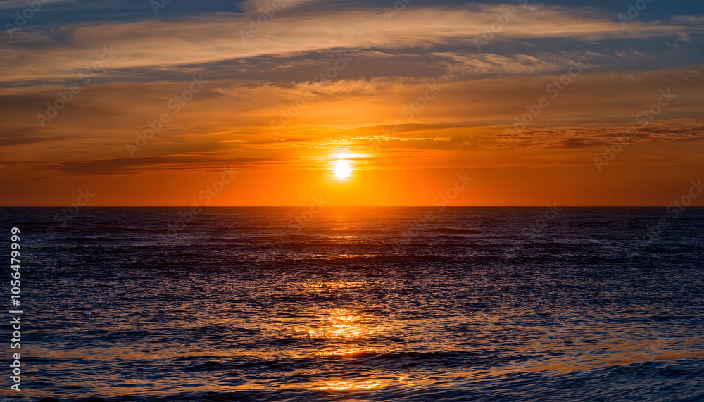 A tranquil sunset over the ocean, with a vibrant orange sun reflecting on the water, framed by colorful clouds. A tranquil sunset over the ocean, with a vibrant orange sun reflecting on the water, framed by colorful clouds.