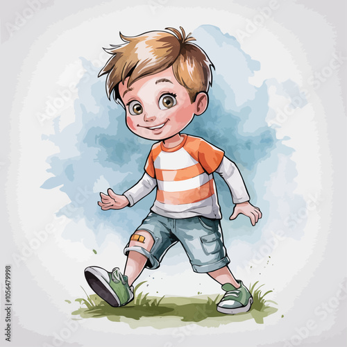 Cute cartoon boy walking in outdoor setting.