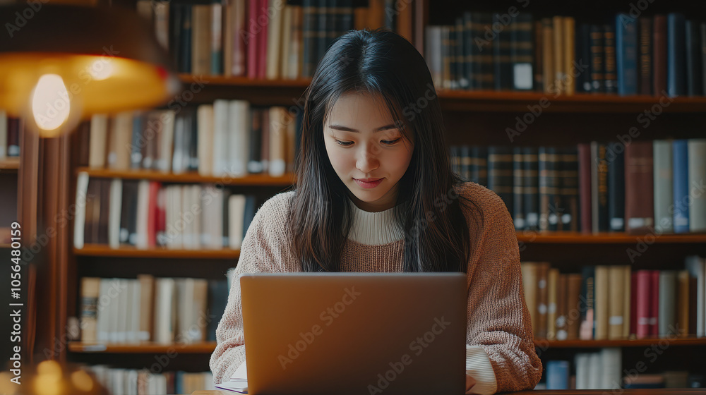A young woman studies intently on a laptop in a cozy library filled with books. A young woman studies intently on a laptop in a cozy library filled with books.