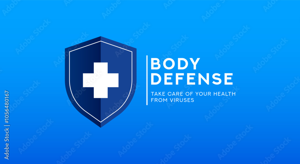 Obraz premium Body Defense. design concept of caring for health from disease. shield design elements and health symbols on blue background. Take care and protect your body from viruses. Health 