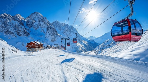 Red gondola cabins ascending a mountain slope with snow-covered peaks in the background under a bright blue sky. photo