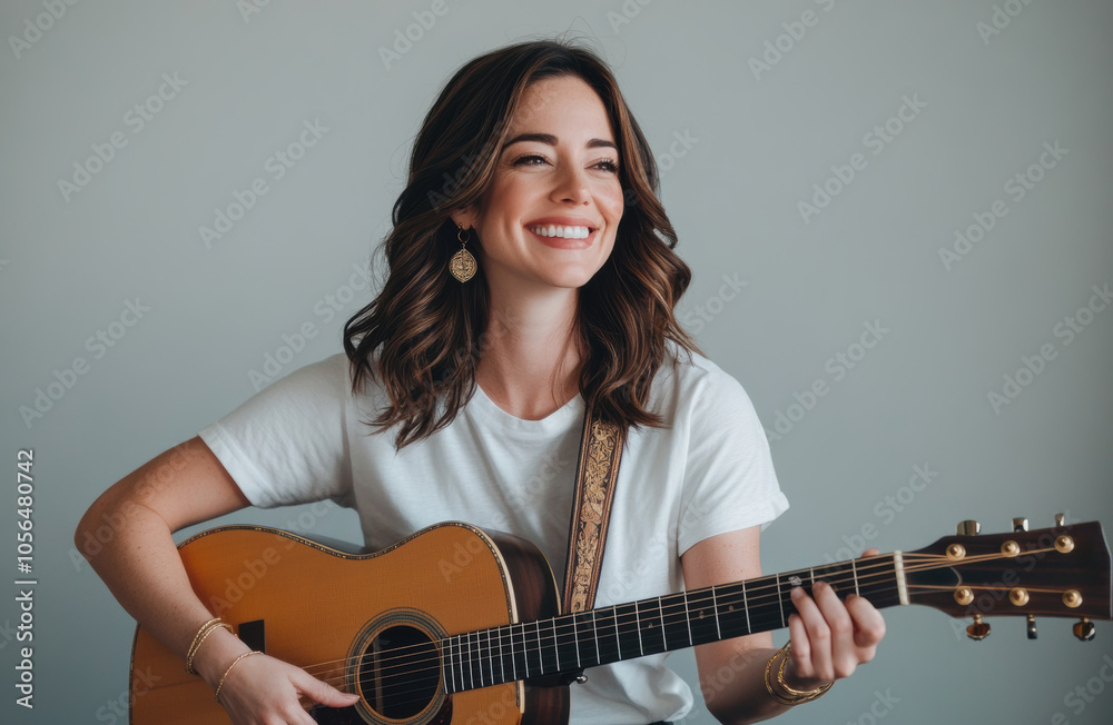 smiling woman with wavy brown hair plays an acoustic guitar, radiating a relaxed and joyful mood. She wears a simple white shirt, creating a casual, warm atmosphere. smiling woman with wavy brown hair plays an acoustic guitar, radiating a relaxed and joyful mood. She wears a simple white shirt, creating a casual, warm atmosphere.