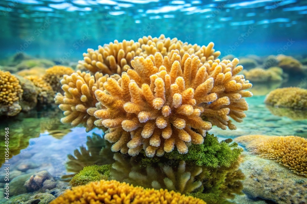 Obraz premium Coral formation on a rock surface with soft, slimy algae growing around it, marine life, marine ecosystem