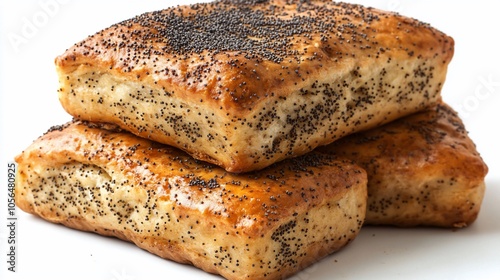 Three freshly baked poppy seed pastries on white background.