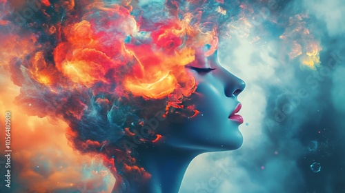 Abstract art of a woman with fire coming out of her head.