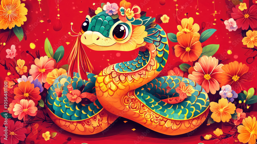 Cute little snake, red background, Chinese New Year Cute little snake, red background, Chinese New Year