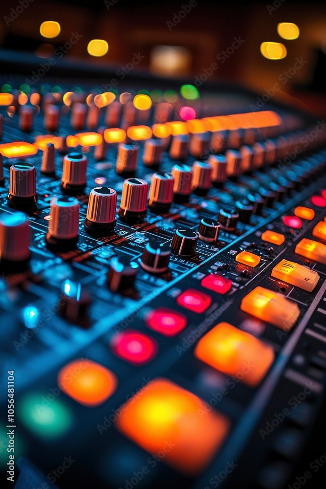Close-up of a Sound Mixing Console with Illuminated Buttons Close-up of a Sound Mixing Console with Illuminated Buttons