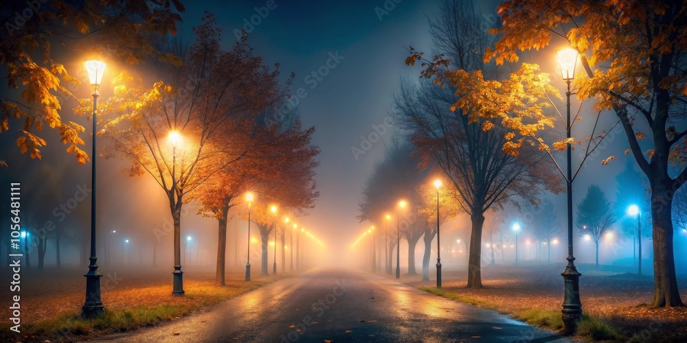 Foggy Autumn Night A Path Illuminated by Streetlights and Golden Leaves