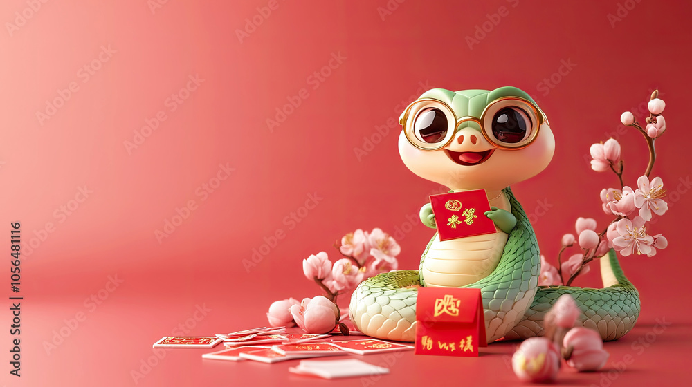 Obraz premium Cute little snake, red background, Chinese New Year