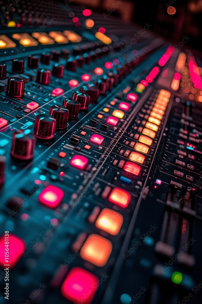 Close-up of an illuminated audio mixing board with red and orange buttons Close-up of an illuminated audio mixing board with red and orange buttons
