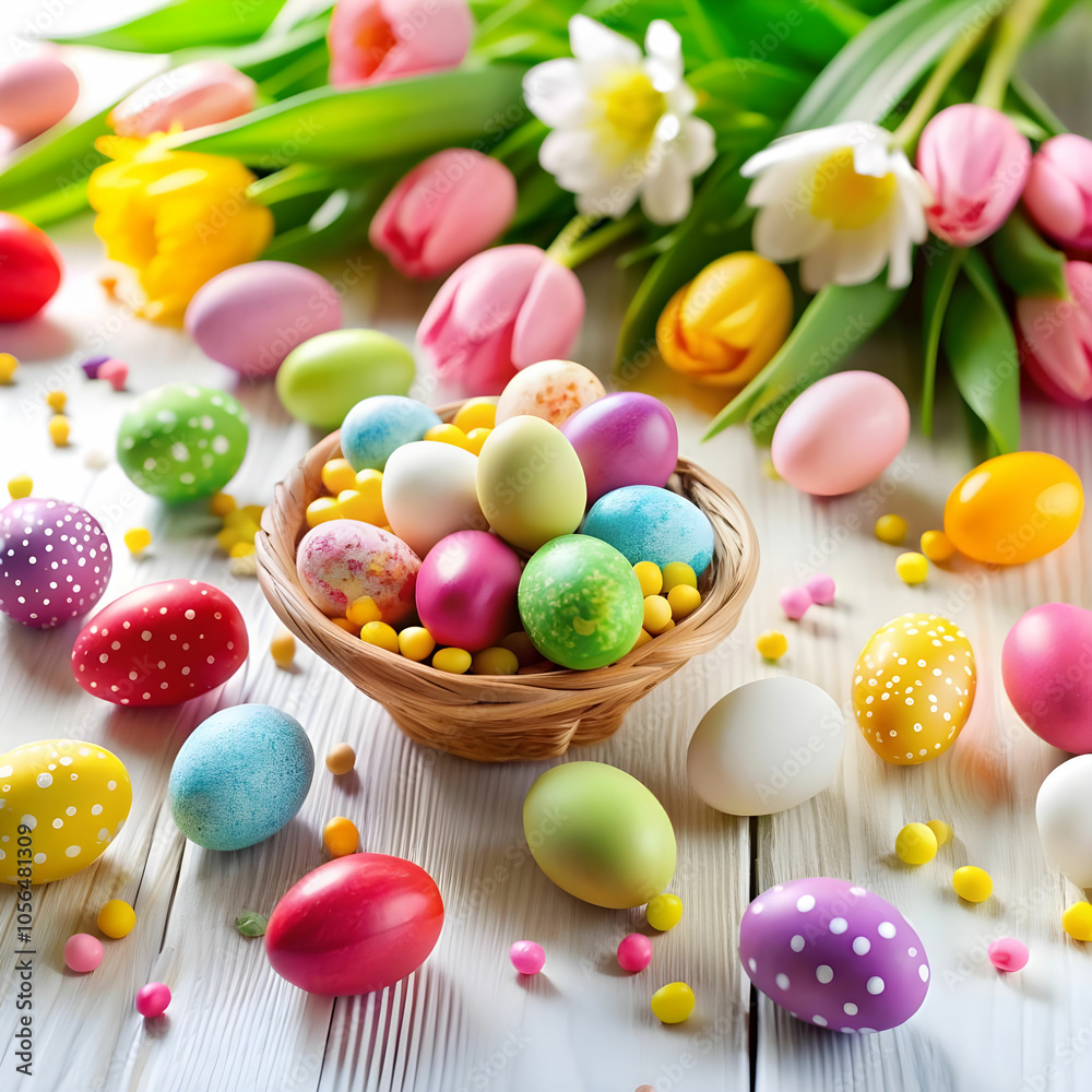 easter eggs with candies and flowers scattered