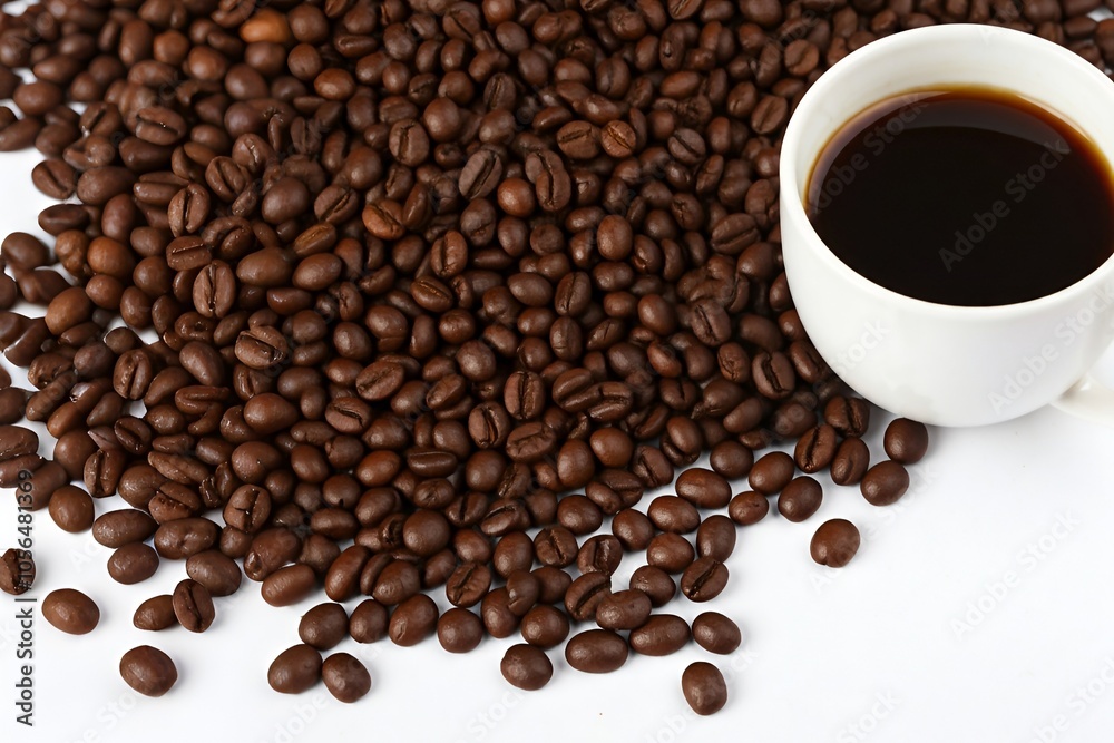 A cup of black coffee with scattered coffee beans on a white surface. A cup of black coffee with scattered coffee beans on a white surface.