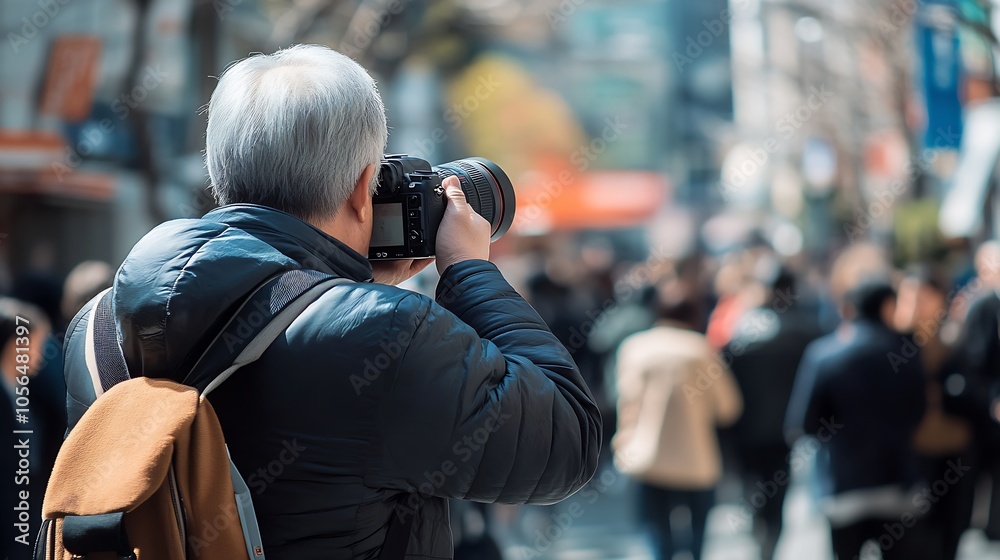 Silver Haired Man Photographs Busy City Street Scene in Dynamic Urban Environment : Generative AI Silver Haired Man Photographs Busy City Street Scene in Dynamic Urban Environment : Generative AI